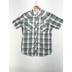 Coastal Western Shirt Men's‎ Gray Green Plaid Short Sleeve Pocket Pearl Snap L
